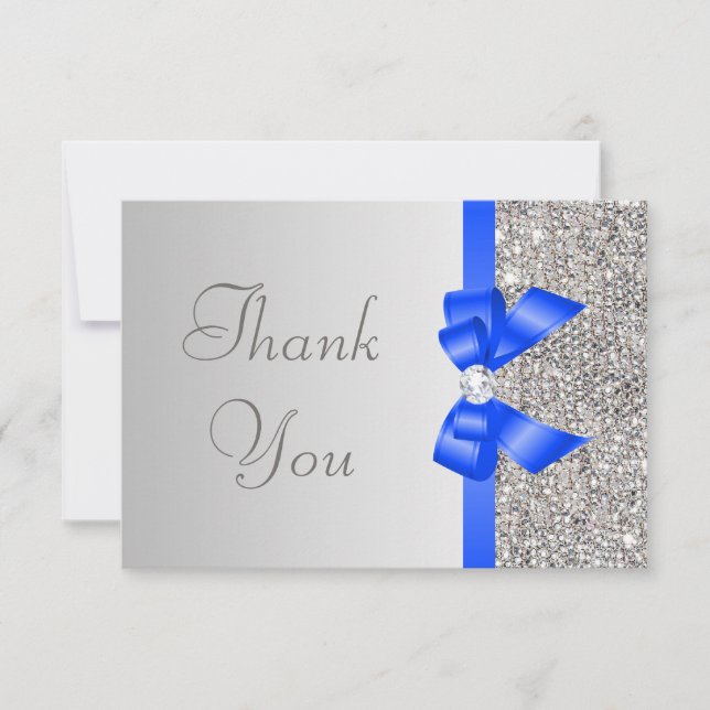 Silver Sequins Diamond Blue Bow Wedding Thank You (Front)