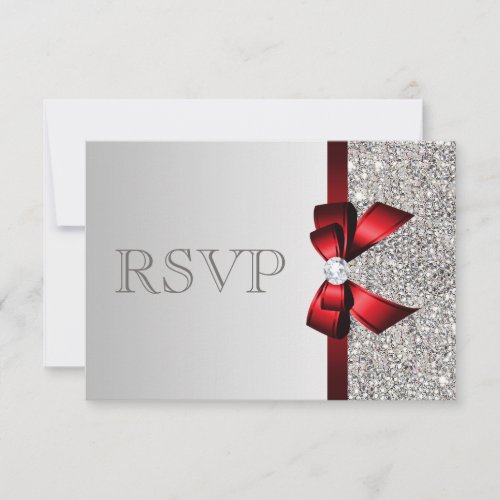 Silver Sequins Diamond Red Bow Wedding RSVP