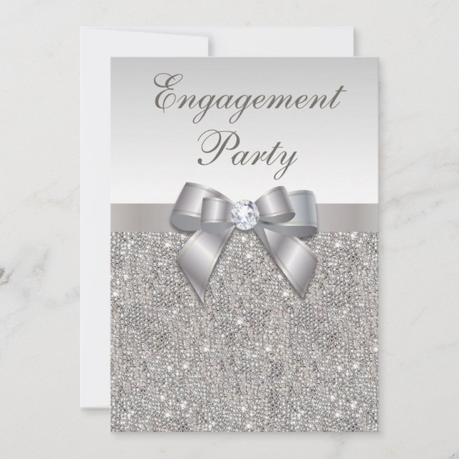 Silver Sequins Diamonds Bow Engagement Party Invitation (Front)