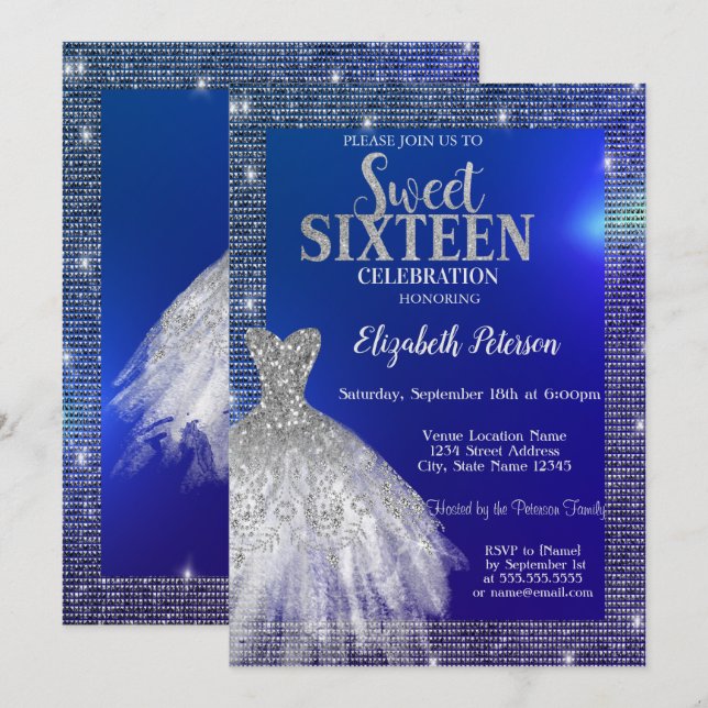 Silver Sequins,Dress Blue Sweet 16  Invitation (Front/Back)