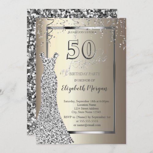 Silver Sequins Dress Gold 50th Birthday Invitation