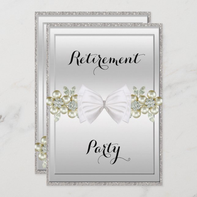 Silver Sequins, Floral Gems & Bow Retirement Invitation (Front/Back)