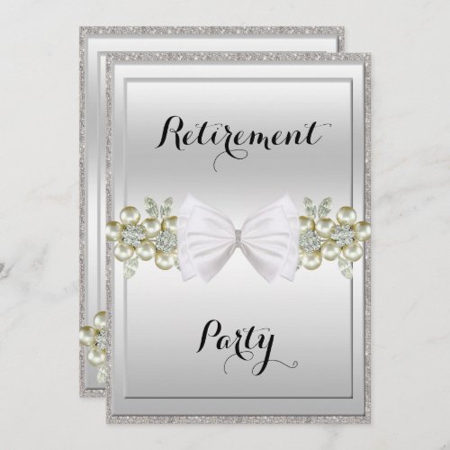 Silver Sequins Floral Gems  Bow Retirement Invitation