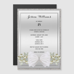 Silver Sequins & Floral Gems Glitter Bow Birthday Magnetic Invitation