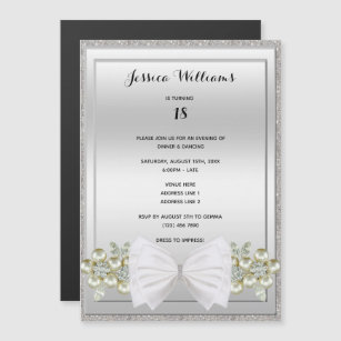 Silver Sequins & Floral Gems Glitter Bow Birthday Magnetic Invitation
