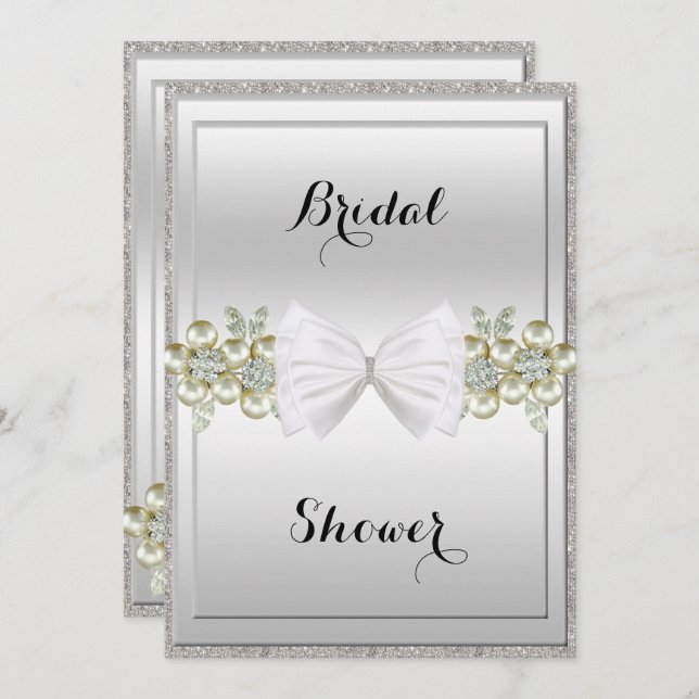 Silver Sequins & Floral Gems Glitter Bow Bridal Invitation (Front/Back)