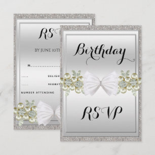 Silver Sequins & Floral Gems Glitter Bow RSVP Invitation