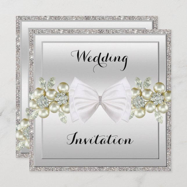 Silver Sequins & Floral Gems Glitter Bow Wedding Invitation (Front/Back)