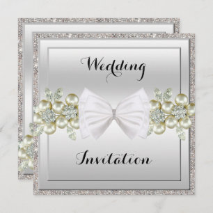 Silver Sequins & Floral Gems Glitter Bow Wedding Invitation