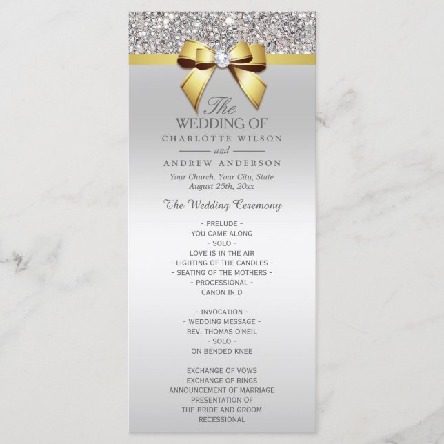 Silver Sequins Gold Diamond Bow Wedding Program (Front)