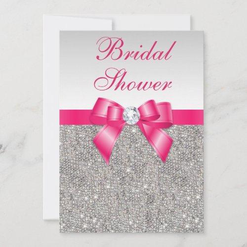 Silver Sequins Hot Pink Bow Bridal Shower Invitation