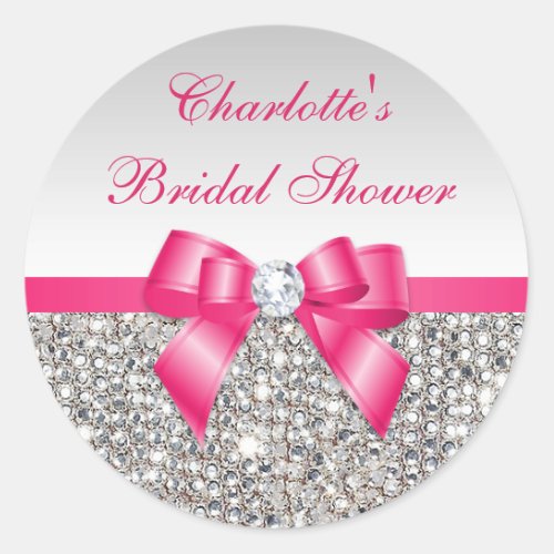 Silver Sequins Hot Pink Bow Diamond Bridal Shower Classic Round Sticker