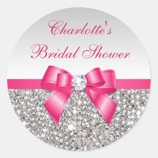 Silver Sequins Hot Pink Bow Diamond Bridal Shower Classic Round Sticker (Front)