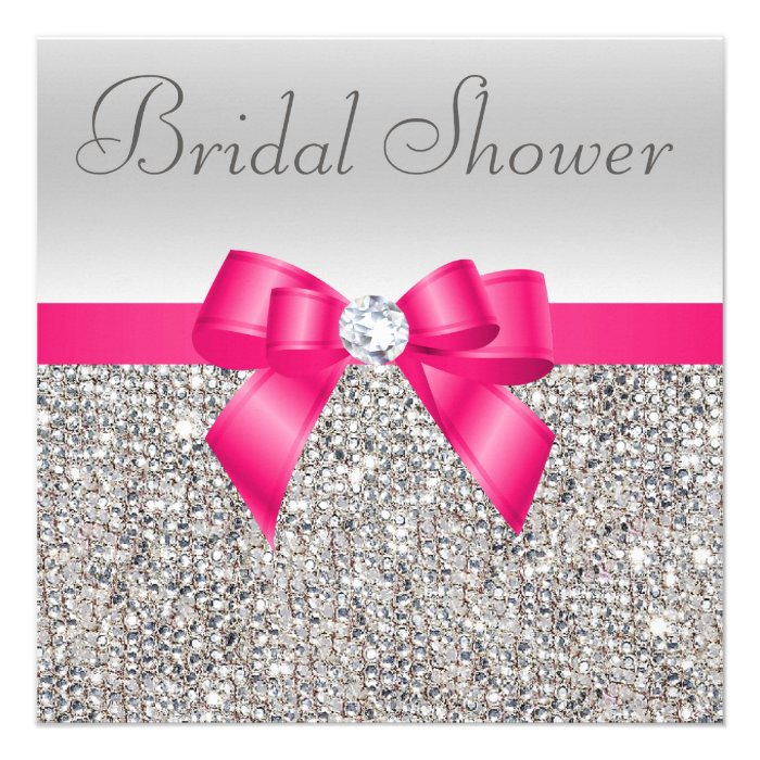 Silver Sequins Hot Pink Bow Diamond Bridal Shower Invites