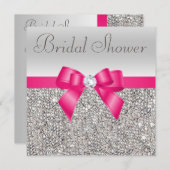 Silver Sequins Hot Pink Bow Diamond Bridal Shower Invitation (Front/Back)