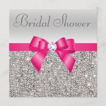 Silver Sequins Hot Pink Bow Diamond Bridal Shower Invitation by AJ_Graphics at Zazzle