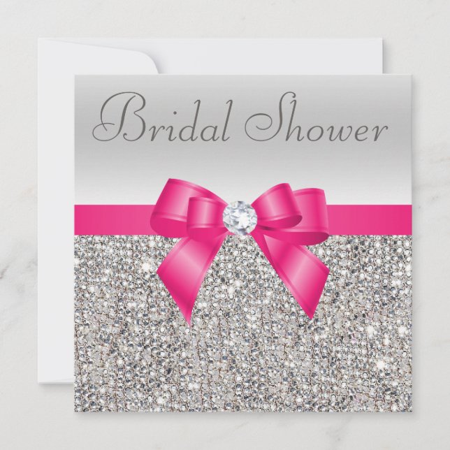 Silver Sequins Hot Pink Bow Diamond Bridal Shower Invitation (Front)