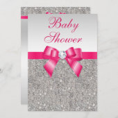Silver Sequins Hot Pink Bow Girls Baby Shower Invitation (Front/Back)