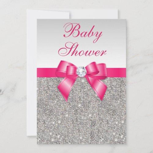 Silver Sequins Hot Pink Bow Girls Baby Shower Invitation