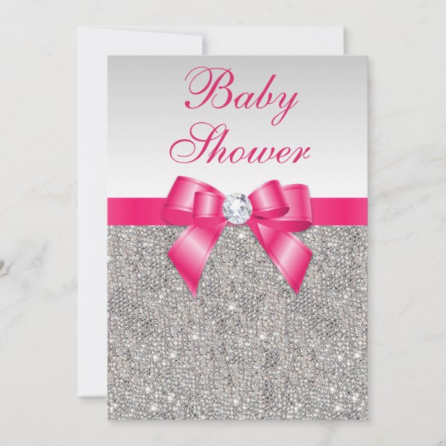 Silver Sequins Hot Pink Bow Girls Baby Shower Invitation (Front)