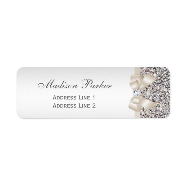 Silver Sequins Light Champagne Bow Wedding Label (Front)