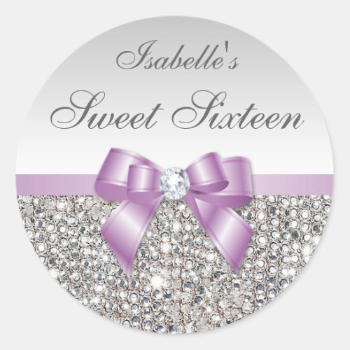 Silver Sequins Lilac Bow Diamond Sweet Sixteen Classic Round Sticker