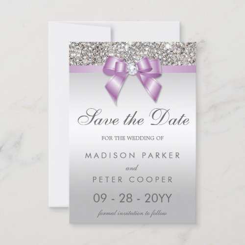 Silver Sequins Lilac Bow Save The Date Wedding