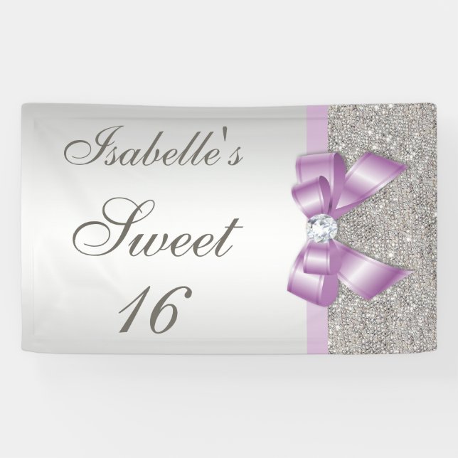 Silver Sequins Lilac Faux Bow Sweet 16 Banner (Horizontal)