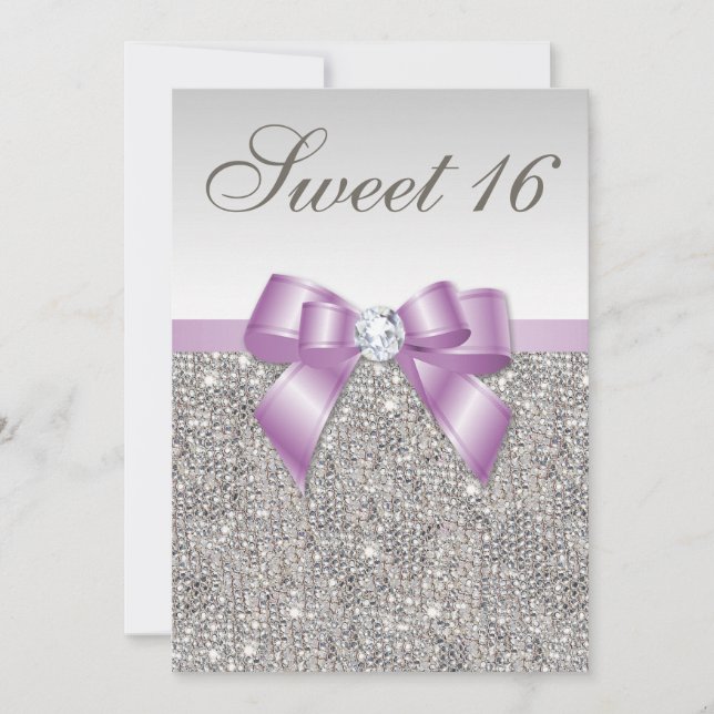 Silver Sequins Lilac Faux Bow Sweet 16 Invitation (Front)