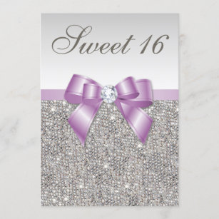 Silver Sequins Lilac Faux Bow Sweet 16 Invitation