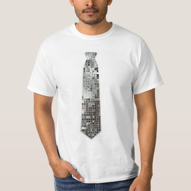 Silver Sequins Look Fake Tie T-Shirt (Front)
