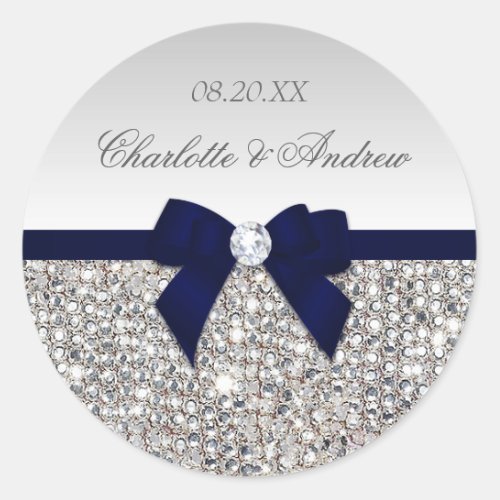 Silver Sequins Navy Bow and Diamond Wedding Classic Round Sticker