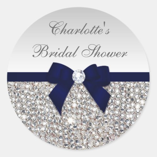 Silver Sequins Navy Bow Diamond Bridal Shower Classic Round Sticker