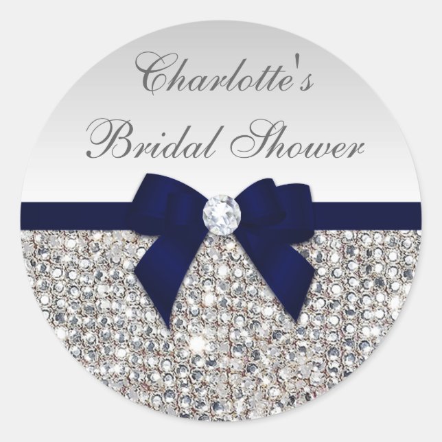 Silver Sequins Navy Bow Diamond Bridal Shower Classic Round Sticker (Front)