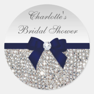Silver Sequins Navy Bow Diamond Bridal Shower Classic Round Sticker