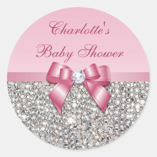 Silver Sequins Pink Bow Diamond Baby Shower Classic Round Sticker