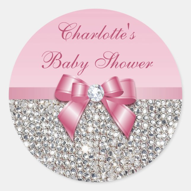 Silver Sequins Pink Bow Diamond Baby Shower Classic Round Sticker (Front)