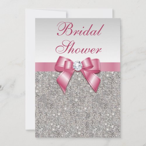 Silver Sequins Pink Bows Diamonds Bridal Shower Invitation