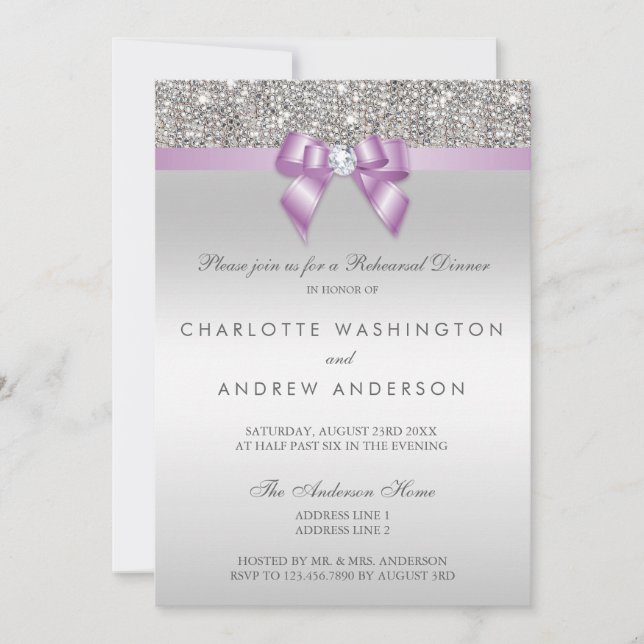 Silver Sequins Plum Bow Wedding Rehearsal Dinner Invitation (Front)