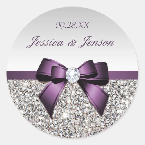 Silver Sequins Purple Bow and Diamond Wedding Classic Round Sticker