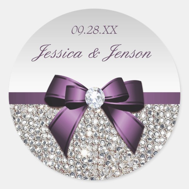 Silver Sequins Purple Bow and Diamond Wedding Classic Round Sticker (Front)