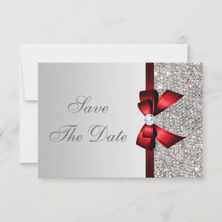 Silver Sequins, Red Bow & Diamond Save The Date