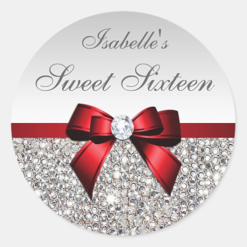 Silver Sequins Red Bow Diamond Sweet Sixteen Classic Round Sticker