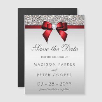 Silver Sequins Red Bow Save The Date Wedding Magnetic Invitation by AJ_Graphics at Zazzle