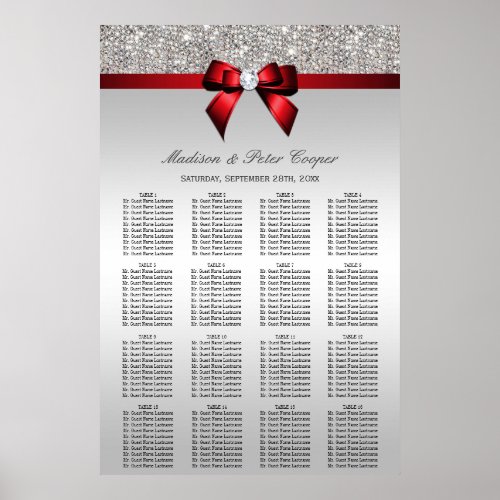 Silver Sequins Red Bow Wedding Seating Chart