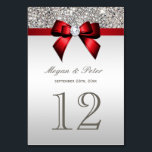 Silver Sequins Red Bow Wedding Table Number Cards<br><div class="desc">Elegant custom silver and red wedding table number cards with a beautiful printed silver sequins pattern, a cute shiny red printed bow and ribbon and pretty printed diamond bling jewel. These classy, glamorous, fashionable cards are decorated both sides. PLEASE NOTE: These are flat printed graphics - no real bows, sequins...</div>
