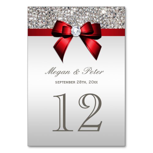 Silver Sequins Red Bow Wedding Table Number Cards