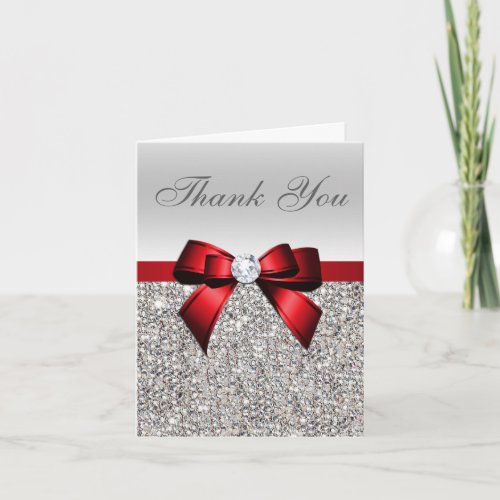 Silver Sequins Red Diamond Bow Thank You