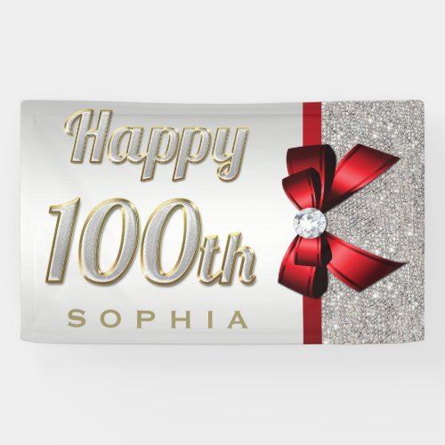 Silver Sequins Red Faux Bow 100th Birthday Banner