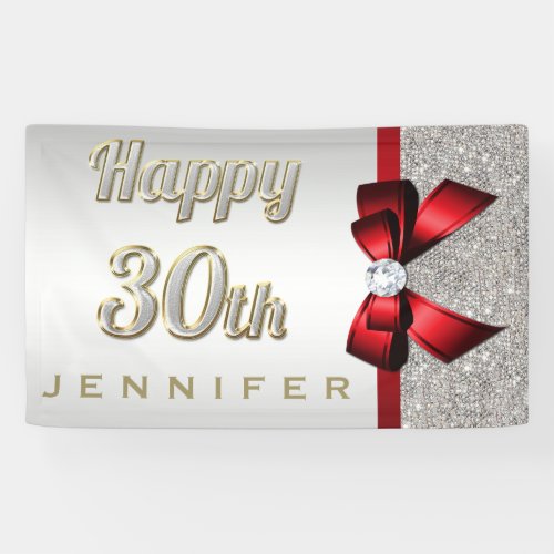 Silver Sequins Red Faux Bow 30th Birthday Banner
